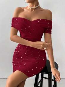 Vestido ajustado para mujer con hombros abiertos, manga corta y adornos con cuentas - Burdeos - Ver 5