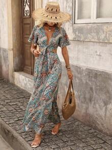 Vestido largo de mujer estilo boho con estampado retro de paisley, vestido con cuello en V, mangas cortas con volantes, con recorte en la cintura, nudo delantero y abertura lateral, perfecto para vacaciones en la playa - Verde - Ver 4