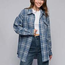 Plaid Shirt, New Single-Breasted Cotton Top. - Blue - View 4