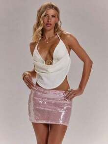 Top sin espalda con halter bordado de encaje y cuentas, apropiado para vacaciones en la playa - Blanco - Ver 5