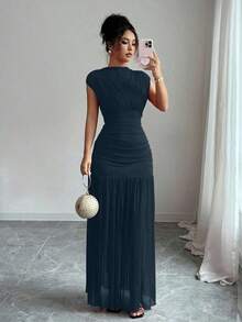 Nuevo vestido de moda de cuello alto sólido rojo sin mangas, con diseño sexy de malla calada y plisado en línea A, adecuado para fiesta de graduación, eventos festivos, citas - Azul marino - Ver 1