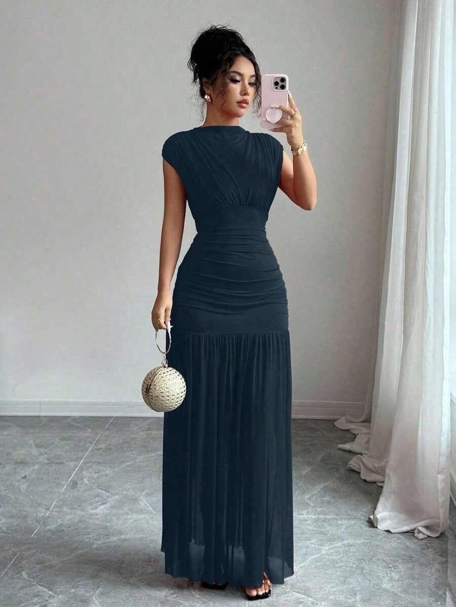 Nuevo vestido de moda de cuello alto sólido rojo sin mangas, con diseño sexy de malla calada y plisado en línea A, adecuado para fiesta de graduación, eventos festivos, citas - Azul marino - Ver 1