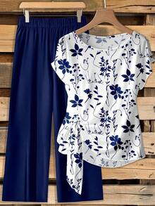Clasi Conjunto de 2 piezas de blusa con moño elegante y minimalista en color rosa, combinada con pantalones de pierna ancha con estampado floral, adecuado para el verano - Multicolor 5 - Ver 6