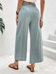 Pantalones casuales de mujer con cintura con cordón a cuadros - Verde - Ver 2
