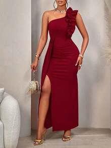 AIJ Vestido elegante de corte asimétrico con hombro descubierto, diseño fruncido y volantes, sin mangas, para mujer, unicolor, para fiestas, citas, fiestas de solteros, cenas formales o eventos de gala en otoño e invierno 2024 - Burdeos - Ver 5