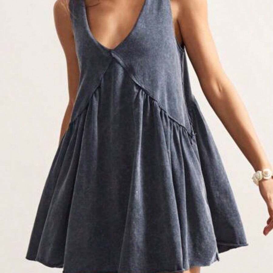 BohoFeels Casual Solid Color V-Neck Loose Knit Mini Dress For Women,Summer Dresses For Women - Gris Oscuro - Ver 1