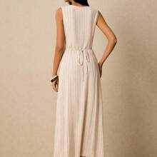 Women's Dresses Linen Dresses Tie Back Waist Button Placket Striped Dress Vest Dress Boho Holiday Women's Sleeveless Striped Dress Casual Vacation Y2k Clothes Country Concert Outfit Old Money Streetwear Going Out Outfits Vintage - Verde militar - Ver 10