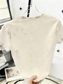 Camiseta casual de mujer con cuello redondo y mangas cortas, con efecto desgastado, versátil para uso diario - Multicolor 3 - Ver 2