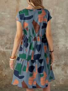 Vestido de mujer de manga corta con cuello redondo y estampado geométrico de verano - Multicolor - Ver 2