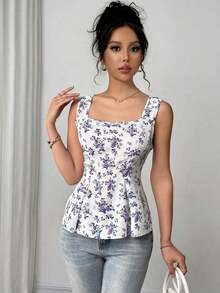 Camisa sin mangas para mujer con cuello mao y corbata plegable de tela estampada - Morado - Ver 5