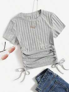 Camiseta tejida de canalé con fruncido lateral con cordón - Gris Claro - Ver 7