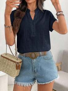Camisa negra minimalista y casual para mujer, adecuada para el verano - Azul marino - Ver 5
