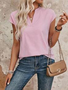 Camisa de cuello con muesca a rayas, casual/para el trabajo, de verano - Rosa Pálido - Ver 4