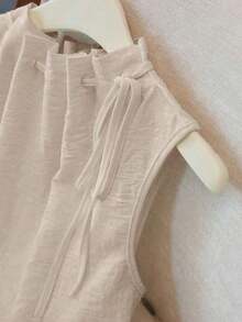 Blusa blanca elegante sin mangas, de cintura elástica y cuello suelto con cordón, de tejido texturizado, para mujer, para primavera/verano.Blusas y tops para mujer de cuello cerrado, blusas casuales y modernas para el verano - Caqui - Ver 4