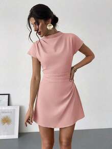 Vestido mini de línea A con cintura fruncida de unicolor, estilo de oficina para el verano - Rosa vieja - Ver 3