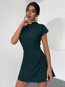 Vestido mini de línea A con fruncido de unicolor, adecuado para el uso diario en verano - Azul marino - Ver 4