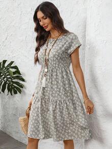 Vestido de mujer de manga corta con cuello redondo y estampado geométrico de verano - verde claro - Ver 6