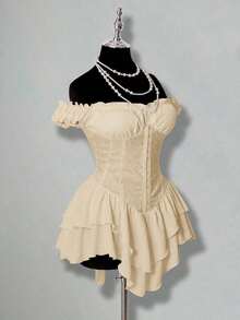 Vestido corto de gasa con volantes en el hombro, cintura fruncida y estampado jacquard para mujer, elegante para fiestas y uso casual - Beis - Ver 8