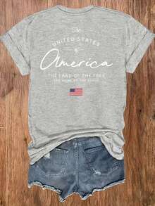 Women's Short-Sleeved Crew Neck T-Shirt, European And American Style, Lightweight And Breathable, With An American-Inspired Design Featuring 1776 Motifs And The National Flag, Suitable For Casual Autumn Wear, A Fashionable And Comfortable Printed Blouse, Versatile And Urban Style - Breathable And Skin-Friendly. - 淺花灰 - 查看 2