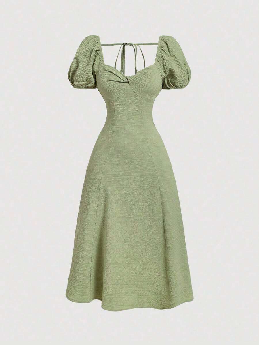 MOD Vestido de verano elegante de mujer de unicolor con mangas abullonadas y cintura ceñida - Verde - Ver 1