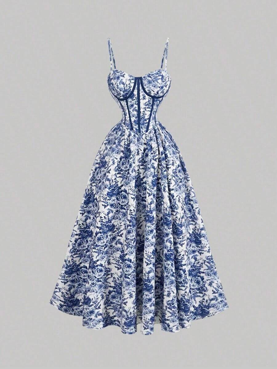 MOD Vestido con estructura de corsé con contraste de rayas azul y blanco en la cintura, estampado floral en el bustier, atuendo de vacaciones para mujer, vestido de verano, atuendo de campo, ropa de playa, vestido de verano, vestido de Pascua para mujer, vestidos de verano para mujer, vestido de fiesta de té - Azul y blanco - Ver 1