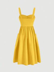 Vestido casual de tirantes con bolsillo y diseño de botones de unicolor para mujer - Amarillo - Ver 2