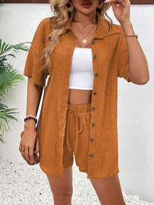 Conjunto de 2 piezas con blusa de manga corta de cuello de botones y shorts con lazo delantero, sencillo, para mujer - Amarillo - Ver 6