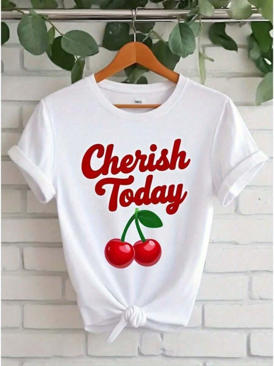 Camiseta de manga corta para mujer de edición limitada - Camiseta blanca con diseño estampado Cherish Today, cuello redondo informal, tela suave y elástica, lavable aáquina, top para todas las estaciones, ropa, camiseta con estampado llamativo, regalo perfecto para Pascua y el Día de la Madre, ropa urbana, algodón ligero. - Blanco - Ver 1