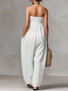 Nueva colección primavera mono sin tirantes strapless con lazos ajustables diseño fruncido elegante moda  estilo europeo para mujer - Blanco - Ver 4