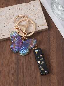 1pc A-Z Black Glitter Letter & Butterfly Keychain, Initial Resin Keyring, Holographic Butterfly Bag Charm, Car Key Accessory, Fashion Aesthetic Gift For Girls - Black - View 32