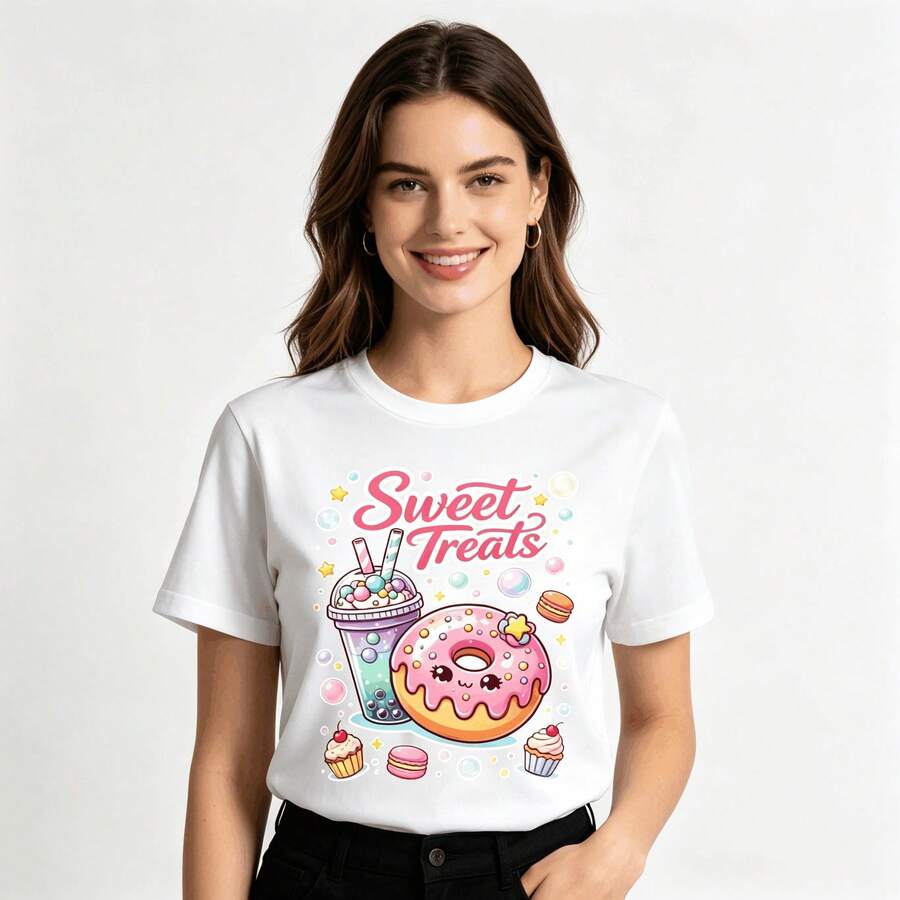 Tops para mujer holgada con estampado gráfico lindo para niñas - Estampado frontal de adorables donuts deé de la tarde y letras, top casual de estilo callejero para la vuelta al cole. - Blanco - Ver 1