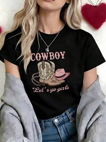 Retro Western Cowboy Let's Go Girls Graphic T-Shirt, 100% Cotton Oversized Soft Breathable Fun Tee, Casual Crewneck Short Sleeve Top For Bachelorette Parties & Nashville Trips - 黑色 - 查看 3