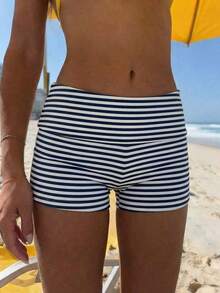 cortos de mujer Vaiaye de unicolor, ajuste delgado, cintura baja, mini shorts, estilo minimalista, adecuados para verano, playa bohemia, fiesta y uso diario - rayas azules y blancas - Ver 5