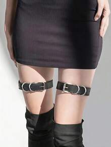 2pcs Women's Black Buckle Solid Color Rivet Leg Bands, Fashionable Minimalist, Easily Adjustable, Suitable For Any Occasion - Black - View 1