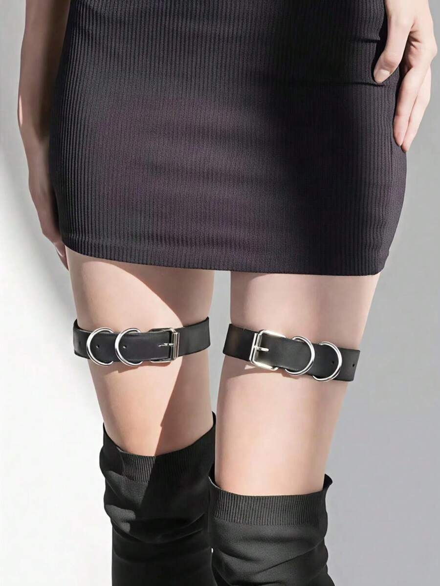 2pcs Women's Black Buckle Solid Color Rivet Leg Bands, Fashionable Minimalist, Easily Adjustable, Suitable For Any Occasion - Black - View 1