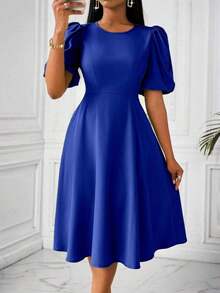 Vestido verde de manga abullonada larga, cuello en V, cintura recogida y bajo acampanado, para primavera y verano - azul real - Ver 8