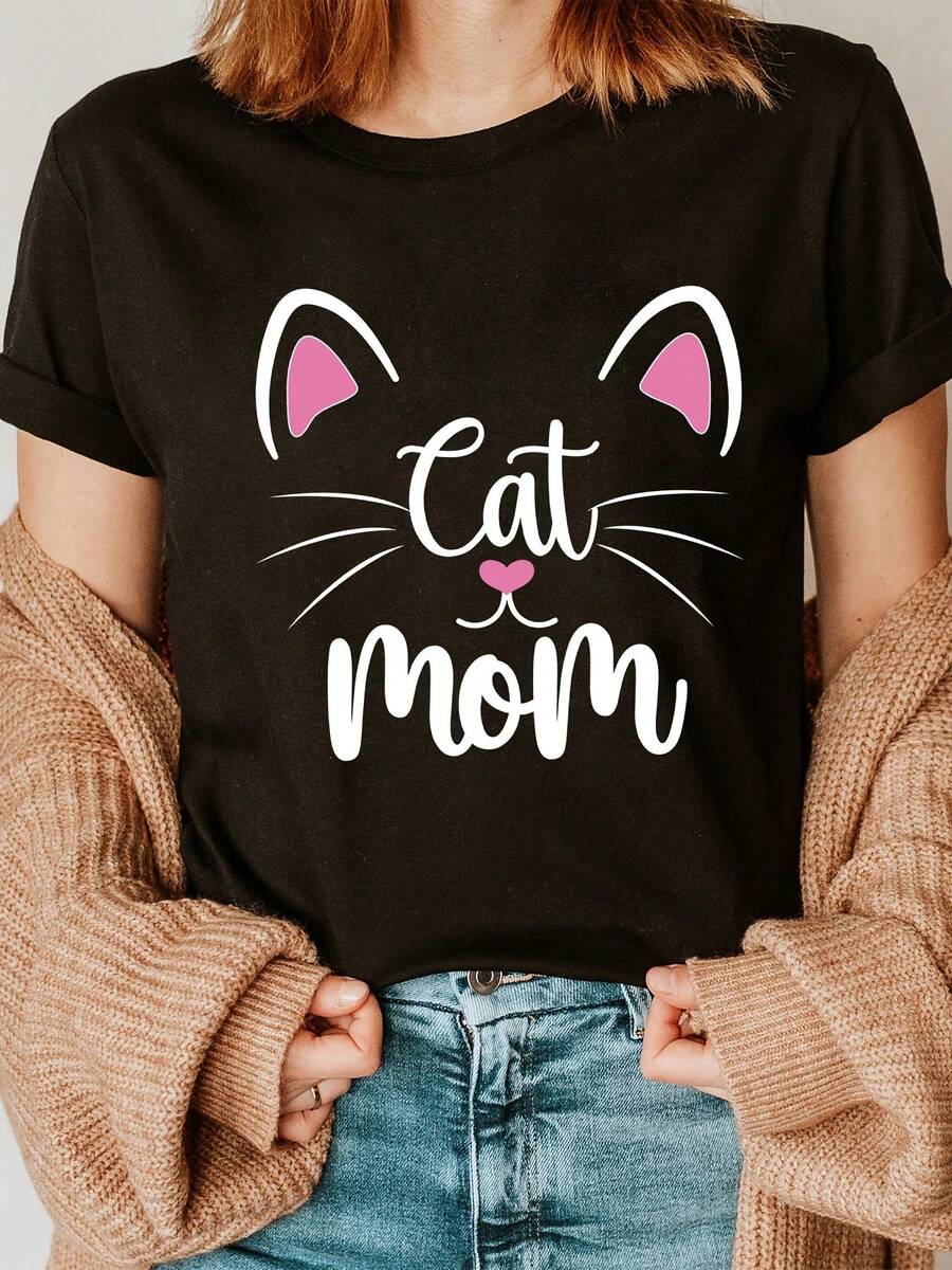 Camiseta de mujer moderna, informal, para fiestas y para estar en casa, 100% algodón, corte holgado.Powder Ear Cat Fashion Letter Print T-Shirt, Short Sleeve Crew Neck Casual Top for Spring And Summer, Women'S Apparel100% cotton - Negro - Ver 1