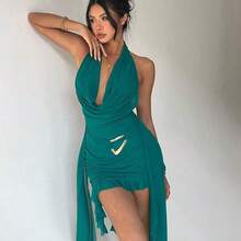 Spring/Summer New Sexy Party Music Festival Wedding Season Beach Vacation Wedding Season Green Mesh Deep Draped Neck Backless Fitted Asymmetrical Ruffle Hem Mini Dress, St. Patrick's Day Dress, Boho Music Festival Dress Green Clothes Women's Beach Outfits Bikini Cover Ups Dress Bathing Suit And Cover Up Beach Outfit For Women Dress Vacation Outfits Woman Dress, Women's Sexy Green Halter Sleeveless Mini Bodycon Dress With Asymmetrical Hem And Tie Back Detail - Verde agua - Ver 8