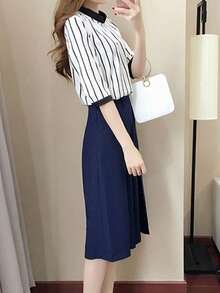 Juego de dos piezas para mujeres Conjunto de pantalones acampanados tres cuartos para mujer, nuevo estilo de moda de otoño, versión coreana, holgado y casual, conjunto de dos piezas con manga corta - Blanco - Ver 3