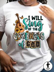 Camiseta para mujer con diseo inspirador "Cantar← de la bondad de Dios", cuello redondo, manga corta, con diseo de guitarra y girasoles, transpirable, lavable a m£quina, tela brillante, estampado gr£fico divertido, casual, para verano - Blanco - Ver 2