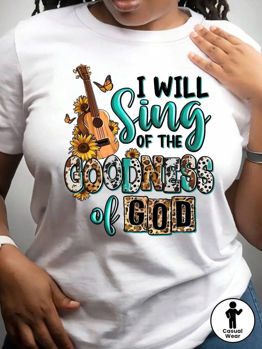 Camiseta para mujer con dise￱o inspirador "Cantar￩ de la bondad de Dios", cuello redondo, manga corta, con dise￱o de guitarra y girasoles, transpirable, lavable a m£quina, tela brillante, estampado gr£fico divertido, casual, para verano