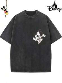 Men's Disney Black Washed Mickey Tee, Dark Street Style, Loose Fit, Premium Cotton Casual Top. - 黑色 - 查看 3