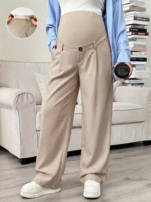 Pantalones rectos con bolsillo en diagonal, cintura ajustable, para maternidad - Caqui - Ver 7