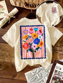 ropa de mujer Camiseta casual de manga corta y cuello redondo para mujer, con un brillante estampado floral en la espalda, de estilo bohemio. Hecho de tela de alta elasticidad. Modelo de Verano. camisas de mujer - Albaricoque - Ver 6