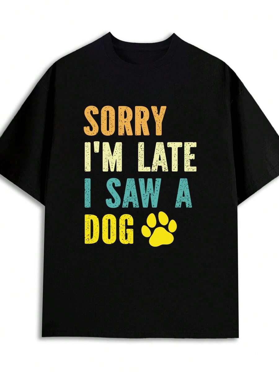 Late Dog T-Shirt | Funny Humor Graphic, 180G 100% Black, Comfortable, Stylish, Spring And Summer, For Men Or Women, Hip-Hop Streetwear, Y2K New Year Gifts, Crew Neck, Regular Fit, Geometric Pattern, Short Sleeve - 黑色 - 查看 1