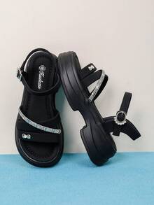 Summer New Black Crystal Wedge Sandals, Soft Sole Comfortable Platform Shoes, Versatile Daily Wear Roman Sandals - Black - View 2