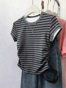 Nuevas blusas de verano para mujer, diseño con estampado, estampado multicolor a rayas, ajustadas con cintura fruncida, camiseta de mujer - Multicolor 10 - Ver 1