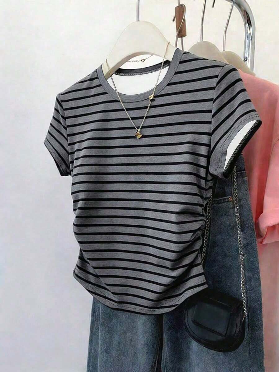 Nuevas blusas de verano para mujer, diseño con estampado, estampado multicolor a rayas, ajustadas con cintura fruncida, camiseta de mujer - Multicolor 10 - Ver 1