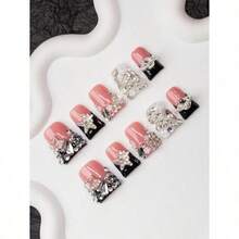 10Pcs Handmade Y2K-Style Duck Mouth Nail Tips, Nude & Black Colors With French Tip, Crystal, Snake, Flower, Planet, Star Elements, Suitable For Parties, Balls, Daily Wear, Unisex For Women & Girls, Comes With Accessories, Great Gift Press On Nails Nail Supplies Nails Handmade Press On Nails - Multicolor - View 1
