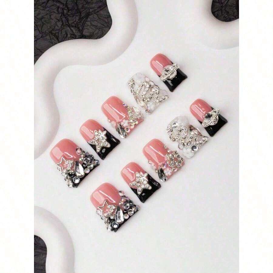 10Pcs Handmade Y2K-Style Duck Mouth Nail Tips, Nude & Black Colors With French Tip, Crystal, Snake, Flower, Planet, Star Elements, Suitable For Parties, Balls, Daily Wear, Unisex For Women & Girls, Comes With Accessories, Great Gift Press On Nails Nail Supplies Nails Handmade Press On Nails - Multicolor - View 1